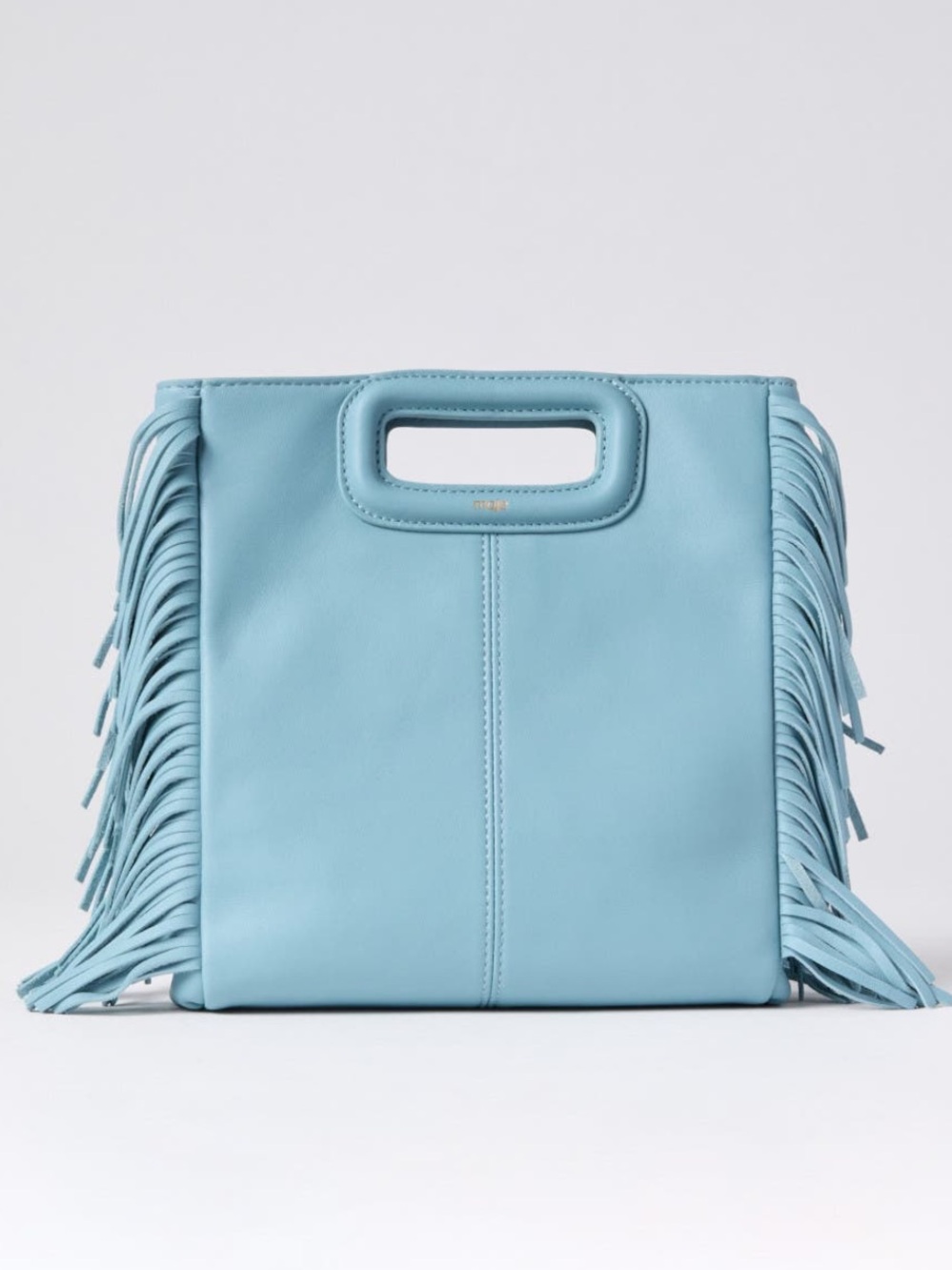 Maje Sac M Fringe Leather Crossbody Tote Bag | Light Blue | Boho Fringe